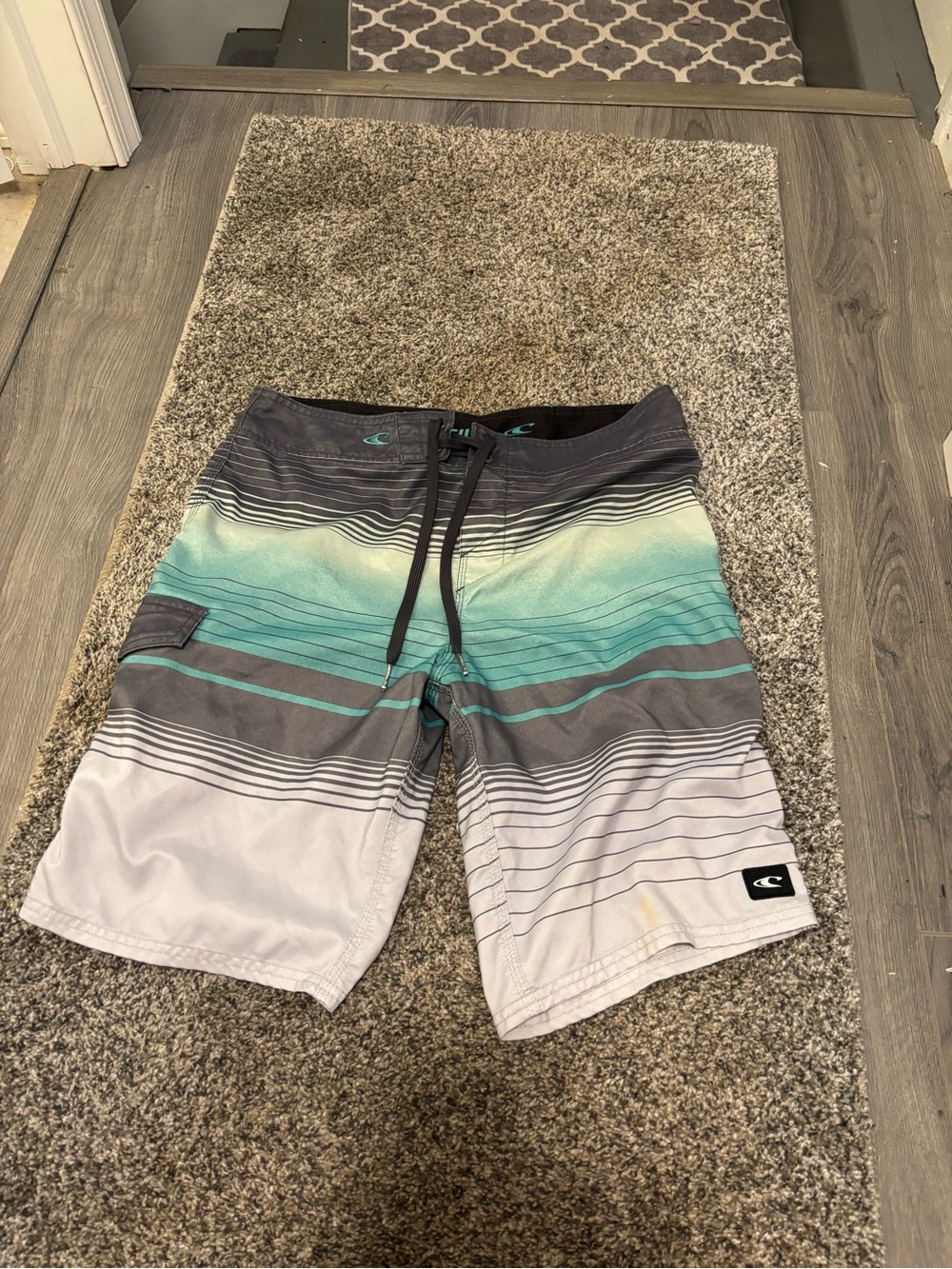 O'Neill Men's Teal, Gray and White Striped Hybrid Shorts